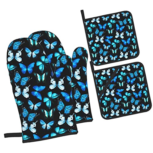 Purple Blue Butterfly Oven Mitts And Pot Holders Sets 4 Pcs Heat Resistant Pads Non-Slip Bbq Gloves For Kitchen,Cooking,Baking,Grilling #TOP1