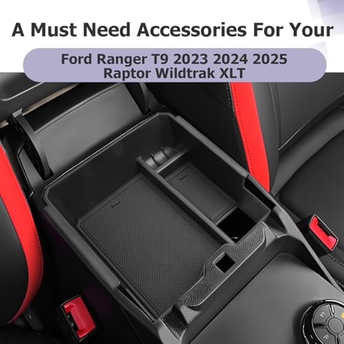 Image of LUWU 2025 2026 Ranger Center Console Organizer for 2024 2025 2026 Ford Ranger XL /XLT /Lariat /Raptor Accessories Armrest Console Storage Box Glove Organizer Tray ABS Material Black