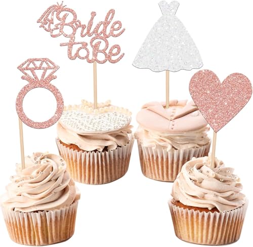 24 PCS Bride to Be Cupcake Toppers with Heart Ring Dress Bridal Shower Cupcake Picks Wedding Engagement Bachelorette Party Cake Decorations Supplies