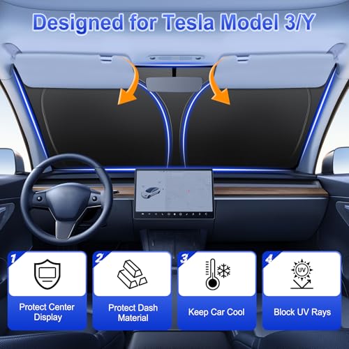 Image of SINGARO Car Windshield Sun Shade, Foldable Reflective Sun Shade for Car Windshield, Compatible with Tesla Model Y Model 3 2016~2025