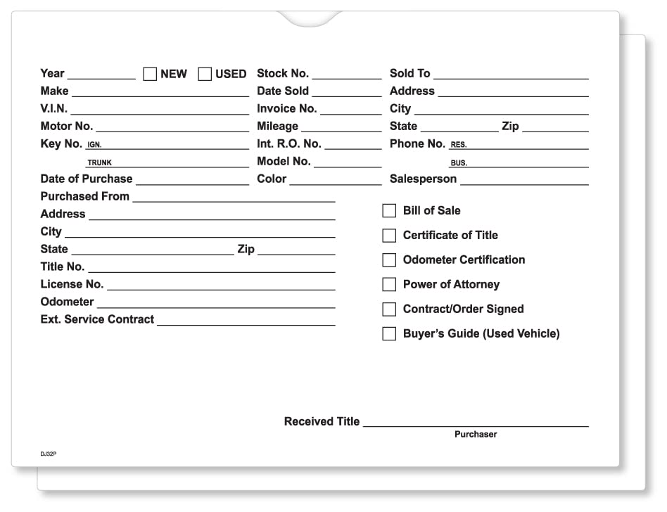 Printed Vehicle Deal Jackets Envelopes Folders for Auto Car Dealerships - 9x12 Size - Dealer Supplies - New and Used Cars - 100 Quantity (White)