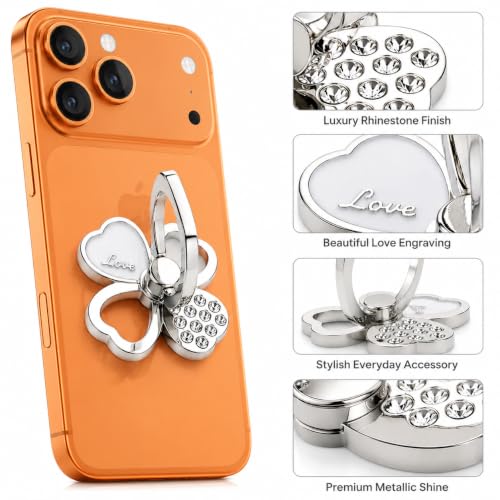 Image of Mizi 2Pack Clover Phone Ring Holder Stand, 360 Rotation & 180 Fold Finger Grip Kickstand, Strong 3M Adhesive, Bling Rhinestone Phone Ring for iPhone, Samsung & Most Smartphones - Silver