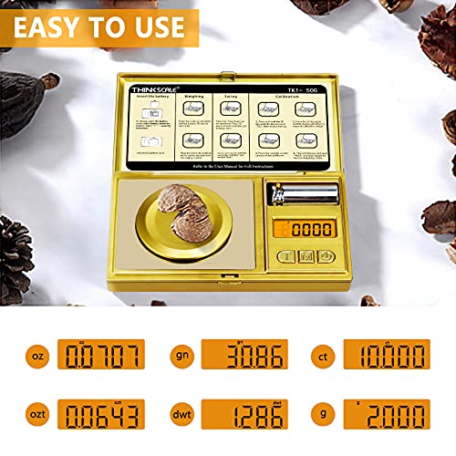 Image of THINKSCALE Digital Milligram Scale, 50g /0.001g Gold Jewelry and Gem Scale, Mg Scale for Powder, Reloading, Micro Gram Scale with Calibration Weight, Includes Scoop, Powder Pan and Tweezers
