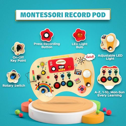 Image of Record Pod Busy Board with Sound Recording for Toddlers (2-5 Years) | Montessori Learning Toy for Speech Development | Interactive Sound & Light Toy | Alphabet, Numbers & Days Songs