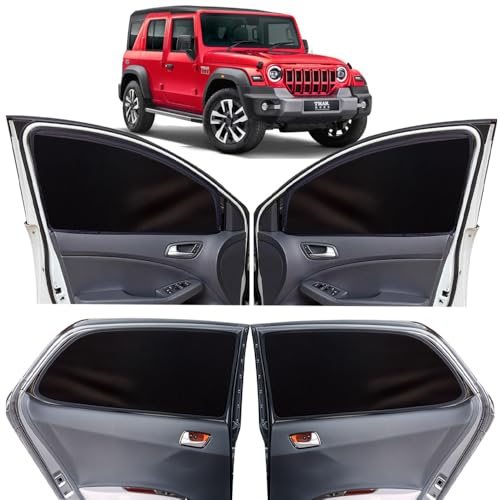 Image of OTO2EYE Car Sun Shade Compatible for Mahindra Thar Roxx Model 2024 to 2025, Z-Black Super Magnetic Grip, Front Window Zipper, Side Window Curtains, 6 Pieces Set