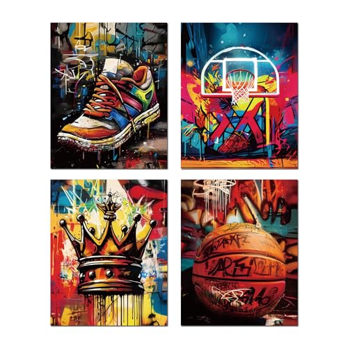 AIOCDIT Basketball Graffiti Canvas Wall Art Prints Teen Boys Room Wall Decor,Sports Colorful Art Posters Modern Bedroom Man Cave Decorations Set of 4 (8'x10',Unframed).