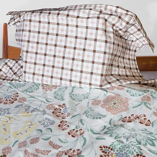 Image of Pure Source India Pure Cotton Elegance Bedding Set, Dreamy Cotton Comfort Double Bed Sheet with Pillow Covers (Green Brown Flower)