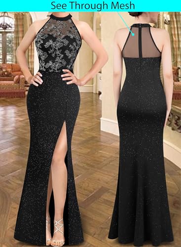 Image of VFSHOW Womens Formal Sexy Halter High Slit Prom Wedding Guest Maxi Dress 2023 Illusion Sweetheart Neckline Evening Long Gown
