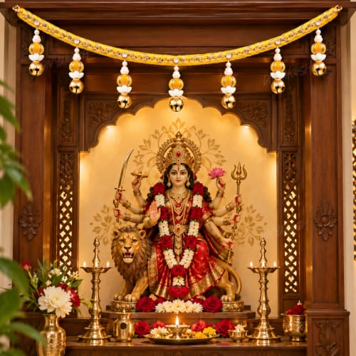 Image of Divyakosh 37 Inch Woolen Toran with Ghungroo & Kaudi (Shells) for Temple & Main Door Entrance, Pink Sacred Thread Handmade Hanging, Entrance for Main Door, Pooja Room Decoration Items