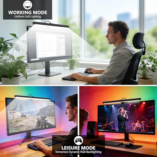 Image of RGB Monitor Light Bar, Eye-Care Dual Light Reading Screen Lamp, 9 Modes Gaming Backlight LED Computer Lamp, 3 Colors Dimmable Frontlight, 15.75'' USB Desk Lights for Home, Office