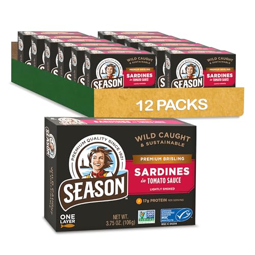 Season Brisling Sardines in Tomato Sauce - Wild Caught, 17g of Protein, Keto Snacks, More Omega 3's Than Tuna, Kosher, High in Calcium, Canned Sardines - 3.75 Oz Tins, 12-Pack