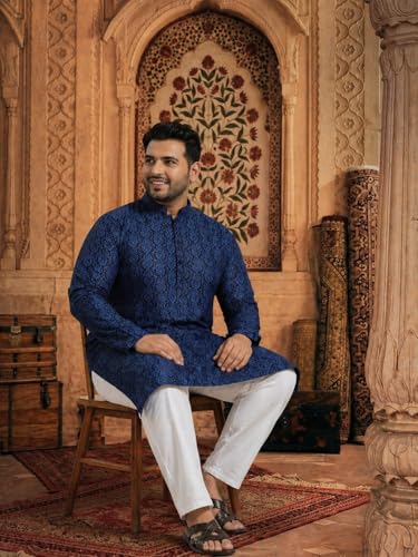 Image of SOJANYA Plus Men's Navy Blue Self-Design Cotton Linen Printed Kurta