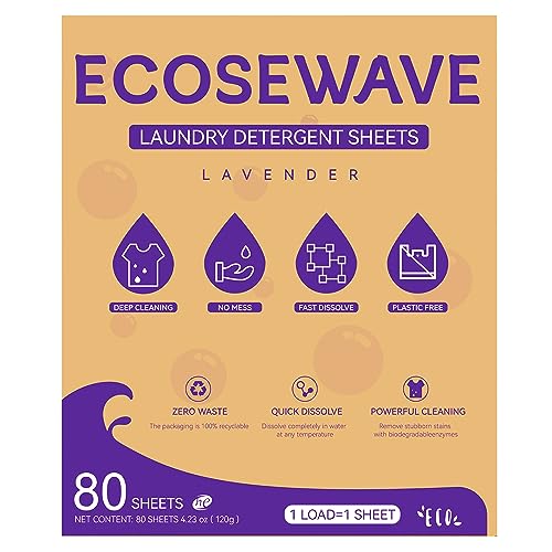 Laundry detergent sheets-80 sheets (Up to 80 Loads),No Plastic- Eco-Friendly，No Mess &Hypoallergenic，Travel Camping EcoseWave Laundry Detergent Sheets. (Lavender)