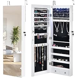 Cajonera Armario Barata COSTWYA Armario para Joyas con Espejo, Armario para Joyas para Colgar a la Puerta con 6 Luces LED y 2 Cajones, Organizador Joyas Multiuso con Espejo de Cuerpo Entero para Dormitorio (Blanco)