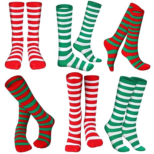 Giegxin 6 pares de calcetines de Navidad a rayas para niños, color rojo, verde y blanco, calcetines altos hasta la rodilla para niña, fiesta de disfraces, Rojo, blanco, verde, blanco, rojo y verde, 4