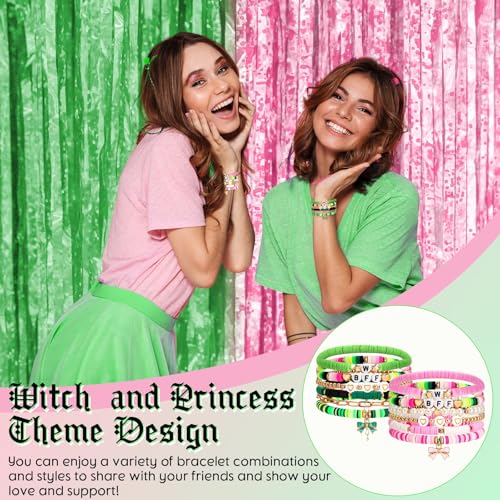 12 Pcs Witch Princess Pink Green Bracelets Friendship Bracelets Preppy Clay Bead BFF Wristbands Bulk for Birthday Party Favor Cosplay Outfit Movie Fans Merch Gifts 5