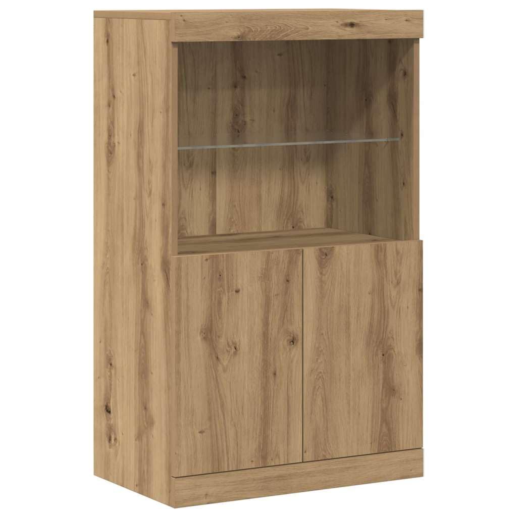 Deskorolka LED brązowa z materiału drewnopochodnego 60 x 37 x 100 cm z paskami LED RGB, drzwiczkami na płaszczyźnie, szklane regały, idealna jako kredens, szafka do jadalni i salonu
