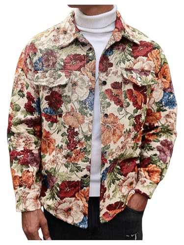Men's 2025 Vintage Floral Jackets Going Out Shacket Jacquard Collared Neck Button Down Jackets Fall Outerwear