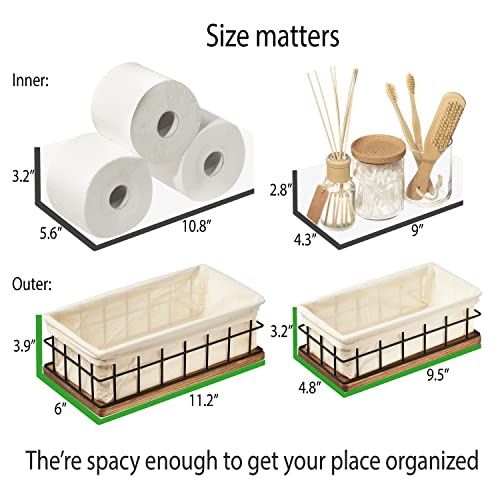 Wood And Wire Baskets With Liners For Organizing - Set Of 2 Sizes - Handcrafted - Decorative Storage Bin For Bathroom, Toilet Paper Storage - New Home Gift - Walnut (11.2"L X 6"W&9.5"L X 4.8"W) #TOP1