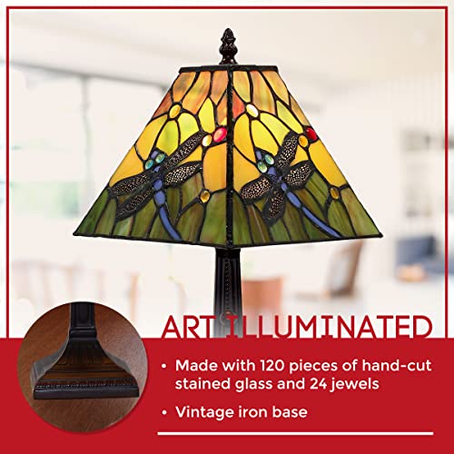 Amora Vintage Tiffany Table Lamp - Floral Blue Dragonfly Table Night Light - Yellow And Green Glass Nightstand Lamp - 15” Tall Stained Glass Lamp #TOP3