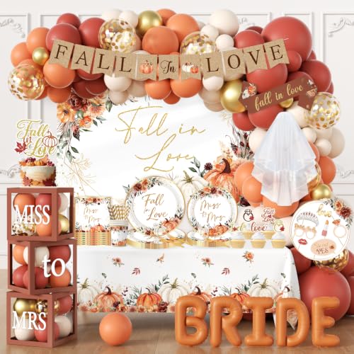 Fall In Love Bridal Shower Decor 276 Pcs Fall Wedding Decorations With Backdrop Banner Plates Cups Bride Balloons Photo Props For Engagement
