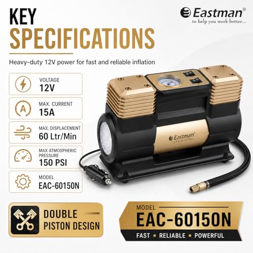 Image of EASTMAN Double Cylinder Air Compressor 12V ? 150 PSI Heavy Duty Tyre Inflator Pump with 60L /Min Flow, LED Light & Battery Alligator Clamps for SUVs, Trucks & Cars (EAC-60150N)