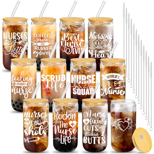 Uiifan Lot de 12 gobelets en verre en forme de canette de 473,6 g avec couvercles et paille pour infirmière, cadeau amusant pour la semaine des infirmières,...
