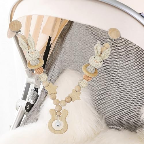 CHSG Kinderwagenkette für Babys, aus Holz und Baumwolle gehäkelt, Spirale Plüsch Spielzeug, Geburtsgeschenk für Mädchen und Jungen ab 0+ Monaten, Babyspielzeug, Baby Geschenke zur Geburt