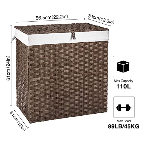 Greenstell Laundry Hamper With Lid, No Install Needed, 110L Wicker Laundry Baskets Foldable 2 Removable Liner Bags, 2 Section Clothes Hamper Handwoven Synthetic Rattan Laundry Basket With Handles, Brown 22.2X13.3X24 Inches #TOP5