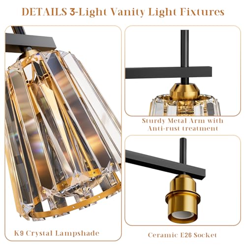 Image of Crystal Bathroom Light Fixtures Over Mirror, Black Gold 3-Light Bathroom Vanity Lights Over Mirror Modern Wall Lighting Sconces with Ceramic E26 Base (Bulbs Not Include)