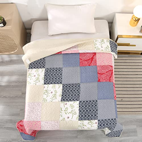 Quilted Throw Blanket For Bed Couch Sofa, European Gorgeous Floral (Blue Grid Pattern, Throw Blanket) #TOP1
