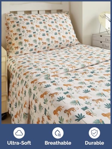 Image of Kids Twin Size Safari Bed Sheets - 3 Piece Kids Safari Sheet Set - Wild Animal Bedding - Ultra-Soft, Cute & Cozy - Breathable & Machine Washable - Adventure Bed Set for Boys, Girls, Teens & Toddlers