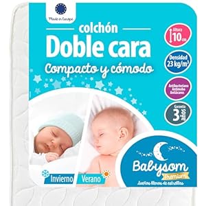 Babysom – Colchón Cuna Bebé Doble cara | 60×120 cm | Verano/Invierno | Altura 10 cm | Antiácaros | Antiasfixia | Transpirable | Reglaje Térmico