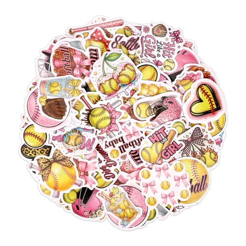 Fukaisu 100pcs Pink Coquette Bows Softball Stickers Cute Waterproof Softball Decals Teaching Rewards Sports Party Decorations Favors Celebration Girls Team Gifts for Water Bottles Helmets Luggage