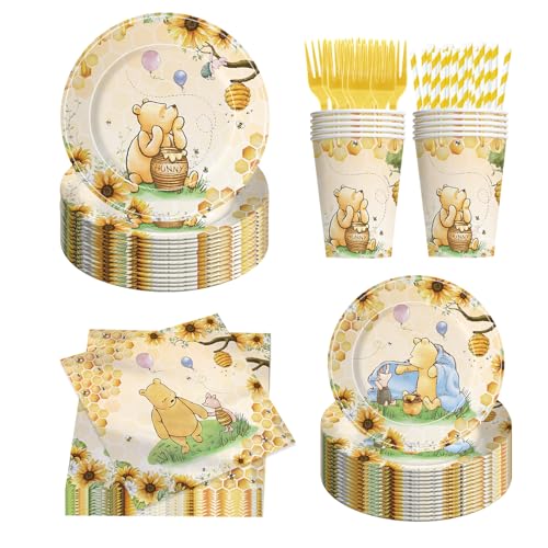 300 Pcs Bear Baby Shower Plates and Napkins Tableware Set Plates Napkins Cups Straws and Forks Sets Baby Shower Decorations Birthday Party Supplies Serves 50 Guests (Yellow)