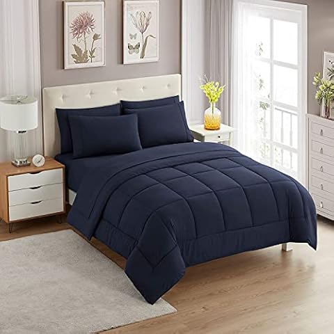5 PC Bedding Set Queen Size Navy Goose Down Comforter Set 100% Cotton 500 GSM Fill, 800 Thread Count All Season Bed-in-A-Bag Box Stitched Comforter & Sheet Set Fit Upto 21" Deep Pocket Cover