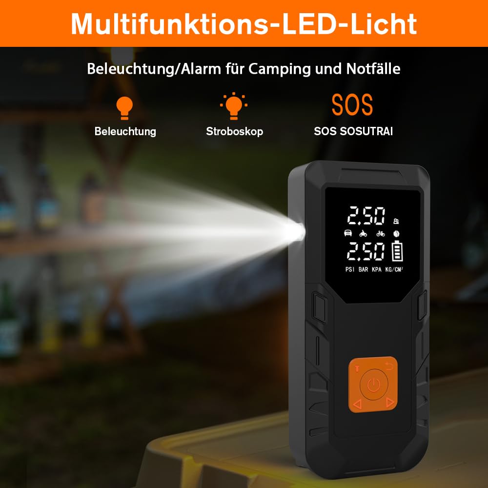 Junsun Auto Starthilfe Luftpump Powerbank 450A 12V 18W 12000mAh Junmper Starter mit Bildschirm 6.5L Gas, 5.0L Diesel Luftpump für Auto, Motorrad, Bälle