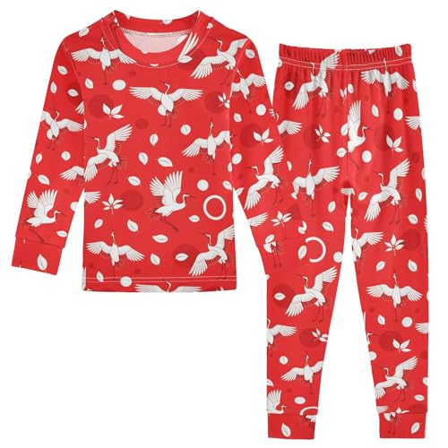 Pajama Sets Long Sleeve Red Cranes and Leaves Pattern Soft Comfy Sleepwear 2 Piece PJS 3-8T