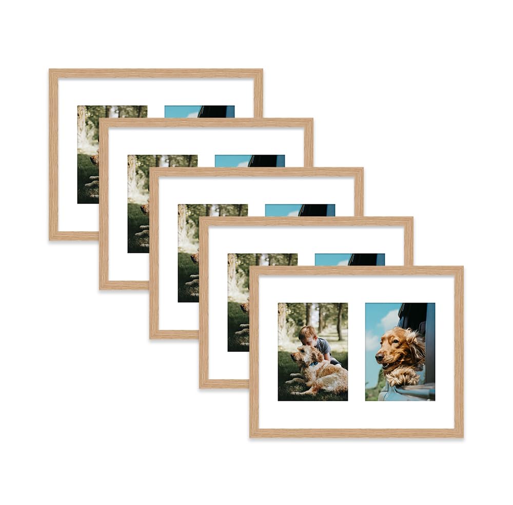 Oak Multi Photo Frame - Holds 2 x 7x5 Pictures, Family Collage Picture Frame for Wall Display, 14x11 Frame size, Set of 5
