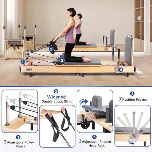 BIOCOR Extended Pilates Reformer, Foldable Wood Pilates Machine with Sitting Box, Jump Board and Anti-Slip Mat for Strength, Rehab & Flexibility, Yoga Exercise Equipment Full Accessories - Thumbnail 4