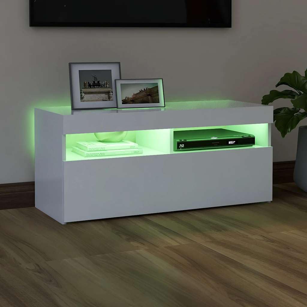 TV-Schrank mit LED-Leuchten, Weiß, 90x35x40 cm, Holzwerkstoff, Modernes TV-Möbel für Wohnzimmer, Media Center mit Stauraum