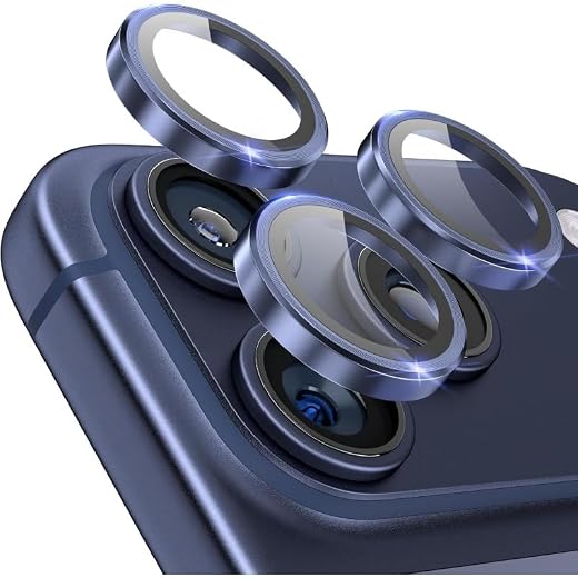 3Pcs HD Tempered Glass Camera Lens Protector with Metal Ring, Orange, for iPhone 17 Pro/Pro Max, Durable & Fashionable Phone Accessory (Blue)