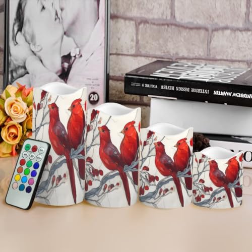 Image of Glass Cardinal Electric Flameless Candles Set of 4 | Xmas Battery Operated Candles with Remote Control, Electric Pillar Candles for Holiday Party, Living Room Decorations