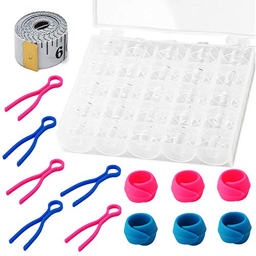 Sonku Lot de 25 bobines en plastique transparent pour machine à coudre avec 6 clips à canette, 6 porte-bobines et 1 mètre ruban souple pour la plupart des machines à coudre Cover