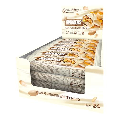 IronMaxx Maxxers Proteinriegel – White Choc-Peanut-Caramel 24x49g | High Protein Snack mit Erdnussstücken | Kein zugesetzter Zucker | Perfekt für unterwegs