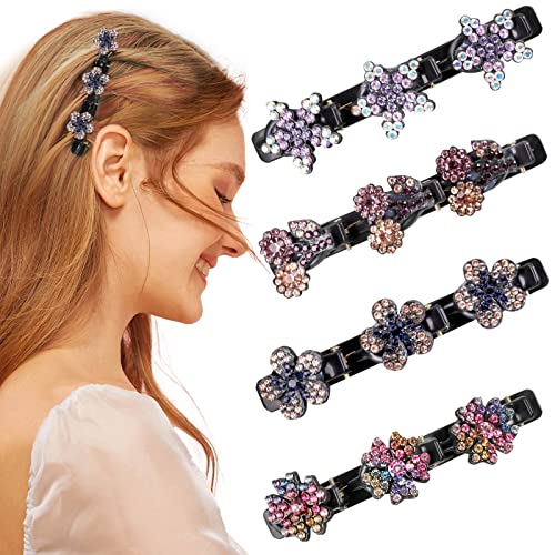 Braided Hair Clips for Women Girls, Sparkling Crystal Stone Braided Hair Clips Barrette with 3 Small Clips, Triple Hair Clips with Rhinestones for Sectioning (4pcs-Type B)