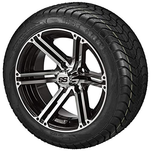 RM Cart 12 Yukon Black/Machined on 215/40-12 LSI Elite Tires (Set of 4) | Golf Cart Tires and Wheels Combo with Standard Lug Nuts