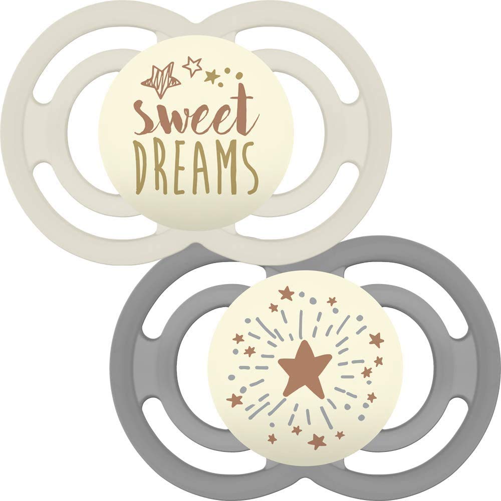 MAM Perfect Night Soothers | 6+ Months | 2 Pack | Glow in the Dark Dummies | Comes in Dummy Steriliser Case | Baby Accessories for Newborn | White/Grey (Various Designs)