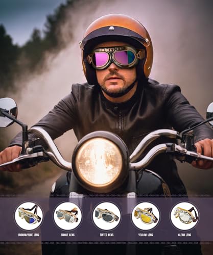 CRG Sports Motorcycle Goggle Aviator Pilot Style Cruiser Scooter Motocross Goggles for Man, Woman, Adult