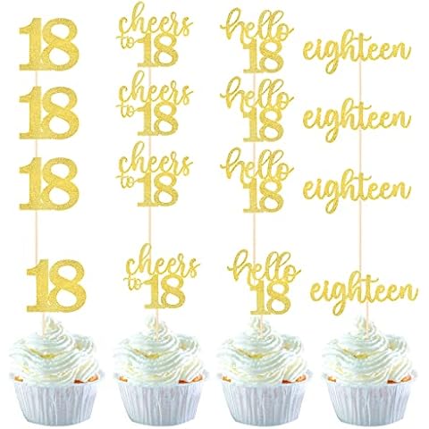 SYKYCTCY 36Pack 18th Birthday Cupcake Toppers Glitter Cheers to 18 Cake Toppers Eighteen Hello 18 Cupcake Picks Decorations for 18th Birthday Anniversary Party Supplies Gold Cover